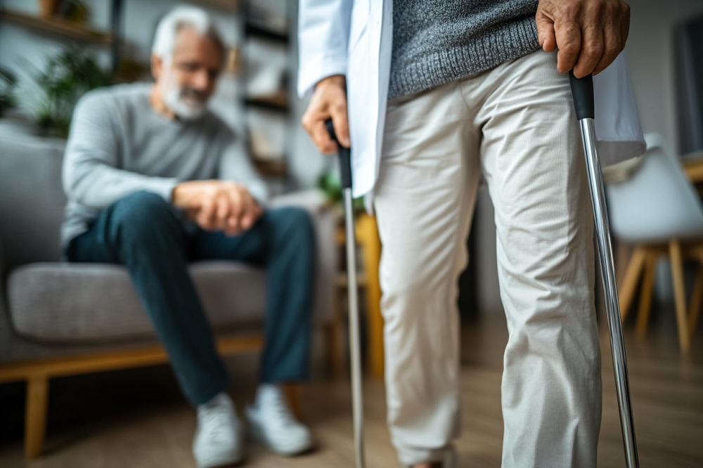 Person standing with two walking canes beside a seated man, a mobility scene related to living with rheumatoid arthritis 